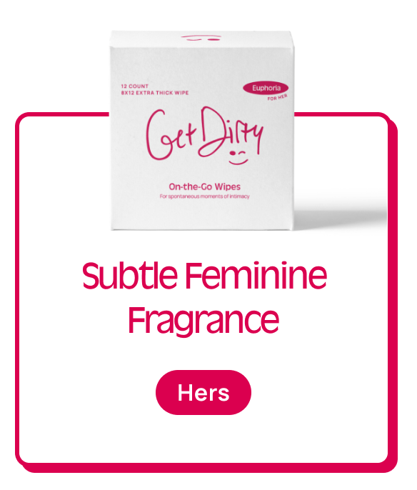 Box of feminine wipes with 'Get Dirty' and 'Subtle Feminine Fragrance.'