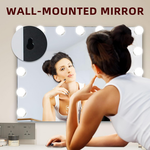 Enhance your makeup routine with the VANITII Mary Hollywood XXL Cosmetic Mirror with Bluetooth. The mirror features 15 dimmable LED bulbs.