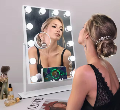 Hollywood makeup mirror with a detachable 10X magnetic mirror and a charging port