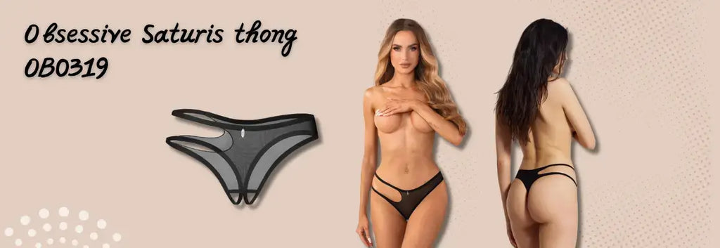 Λεπτομέρεια από το στρινγκ Obsessive Saturis – διπλές λωρίδες και διακριτικά ανοίγματα σε μαύρη δαντέλα.