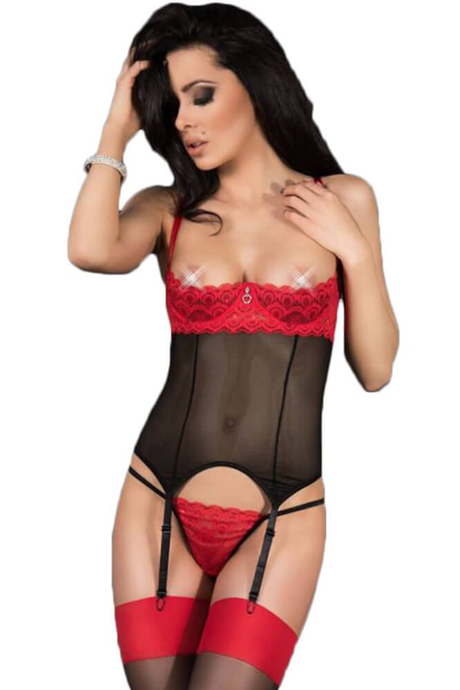 Γυναικείος κορσές - Chilirose Black-Red Lace Corset and String CR-3787-Red