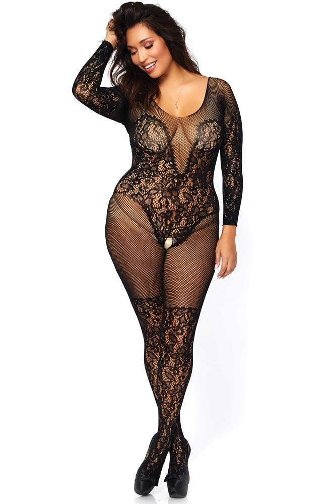 Leg Avenue Ολόσωμο καλσόν μεγάλο μέγεθος - Leg Avenue Vine lace and net bodystocking Μαύρο LG89190Q