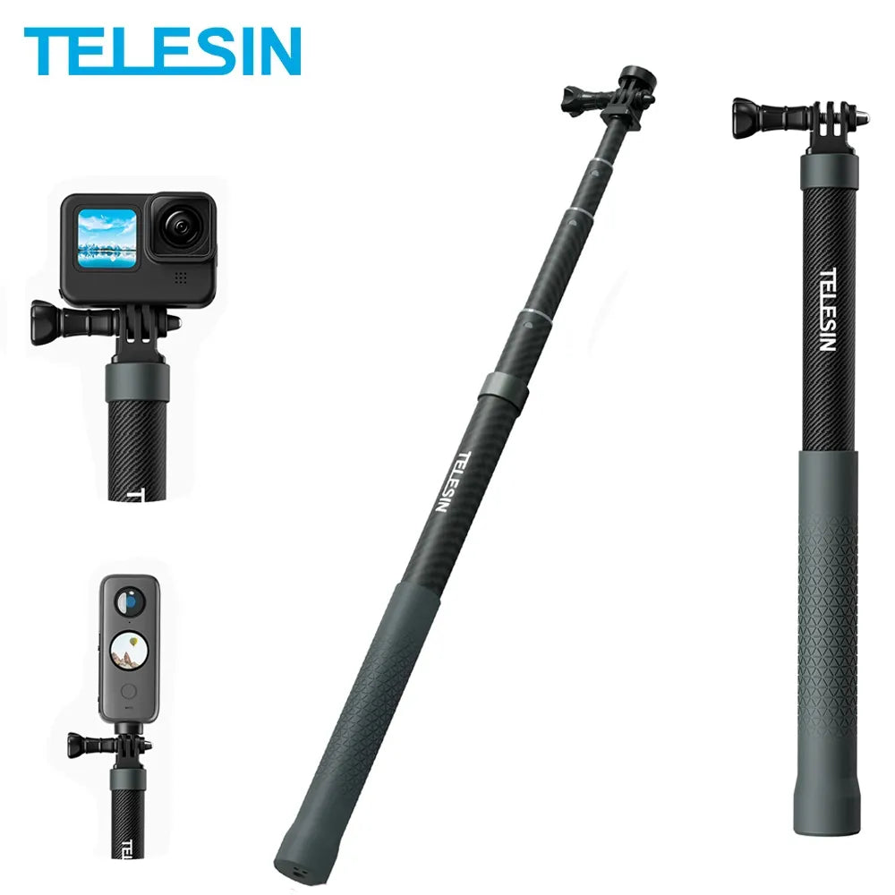 TELESIN 1.2M 3M Carbon Fiber Selfie Stick Monopod Extendable With 1/4 Screw For GoPro 12 11 10 Insta360 X2 X3 DJI Action 4 Cam