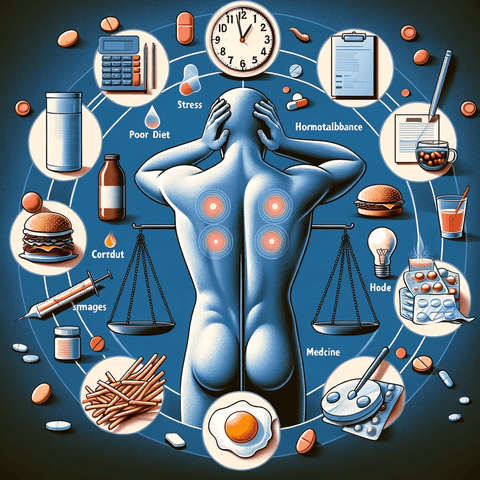 A conceptual illustration depicting the causes of back acne_ stress, poor diet, hormonal imbalances, and certain medicines. The image should creativel (1)