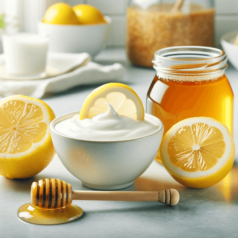 An image displaying yogurt, lemon, and honey, arranged in a bright, clean kitchen setting. On the left, there's a bowl of creamy, white yogurt with a  (1)