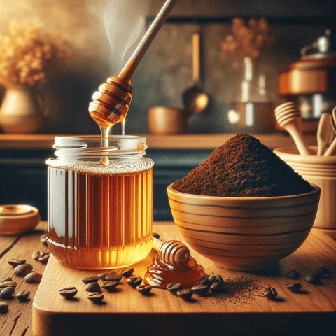 An image showcasing honey and coffee grounds, set in a cozy kitchen environment. On the left side, there's a jar of golden, thick honey with a honey d (1)