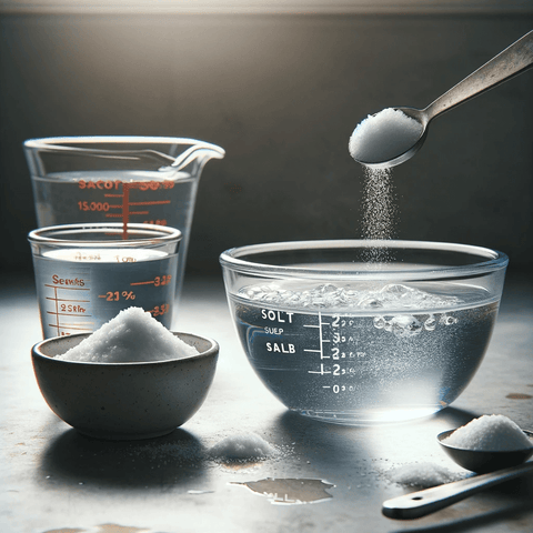 An image showing the process of mixing 1 tablespoon of salt with 1 tablespoon of water. The scene is set on a kitchen counter with natural lighting. O (1)