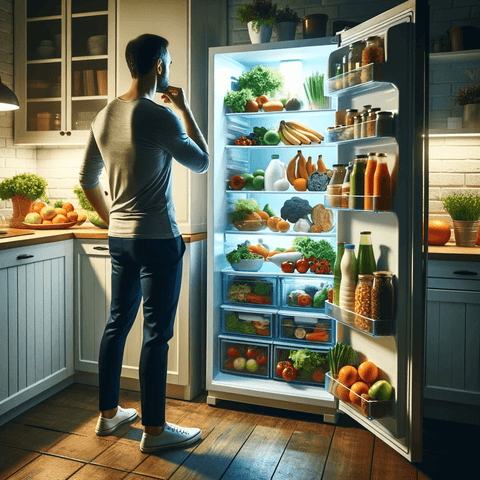 person standing in front of an open refrigerator, revising its contents