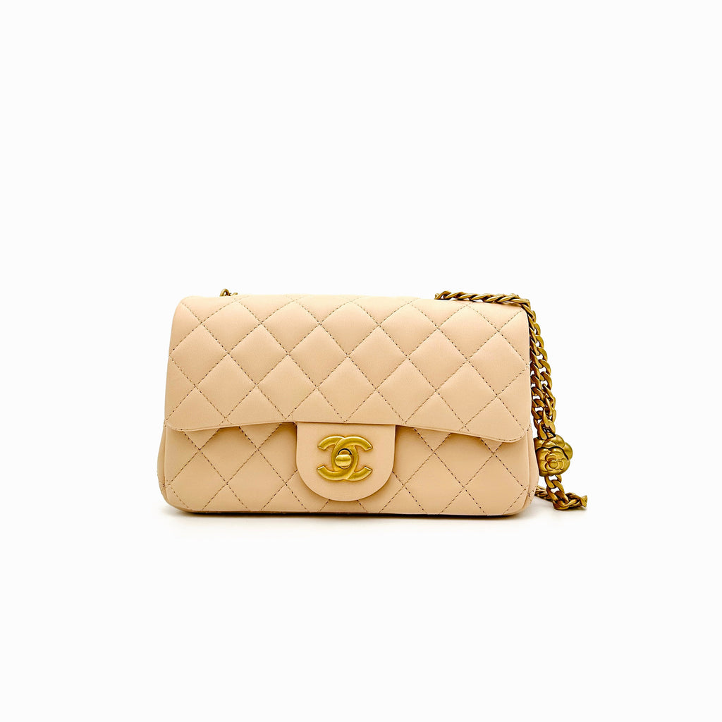 Chanel Camellia Crush Mini Rectangular Flap Rose Clair Lambskin Antique  Gold Hardware