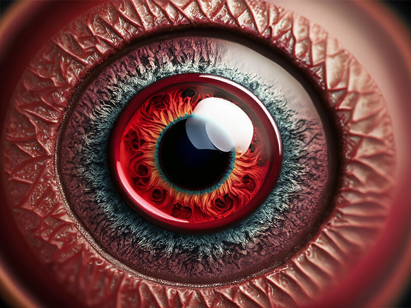 A close-up of a maroon evil eye symbol