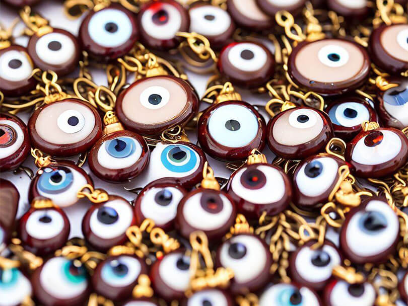A person wearing a beige Evil Eye necklace