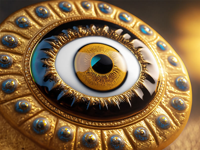 Close-up shot of a gold evil eye amulet