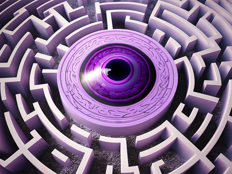 Conceptual Image of a Purple Evil Eye in a Labyrinth