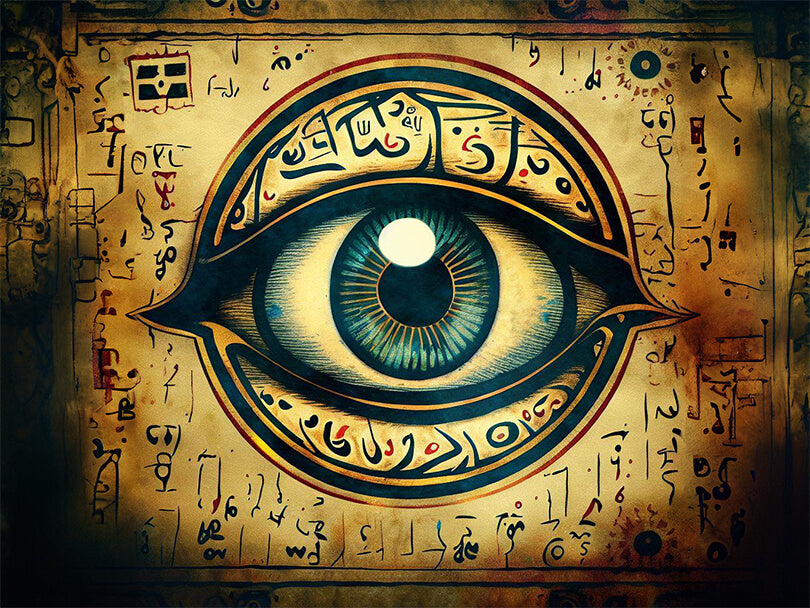 Evil eye symbol illustrated against ancient scripts