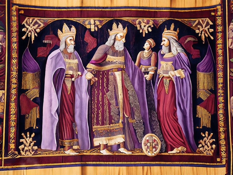 Medieval Tapestry Depicting Royalty in Purple Robes
