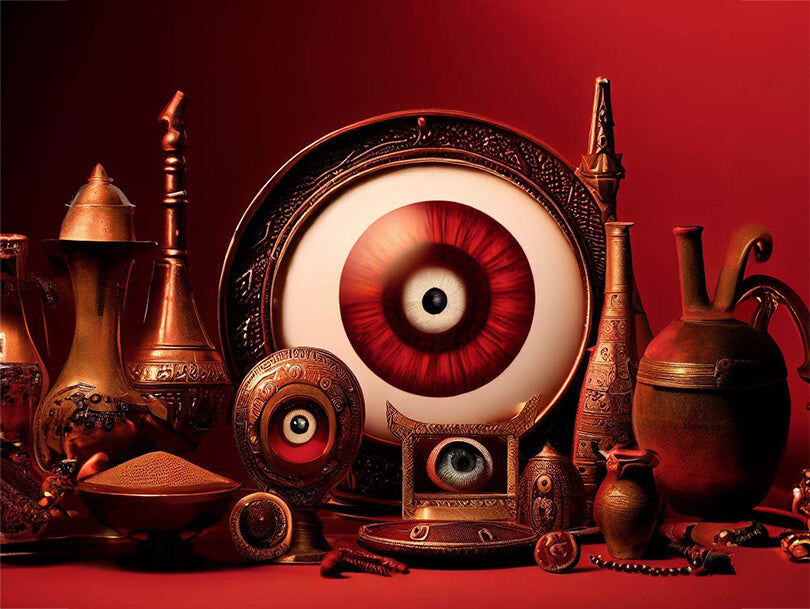 Various maroon evil eye items across history