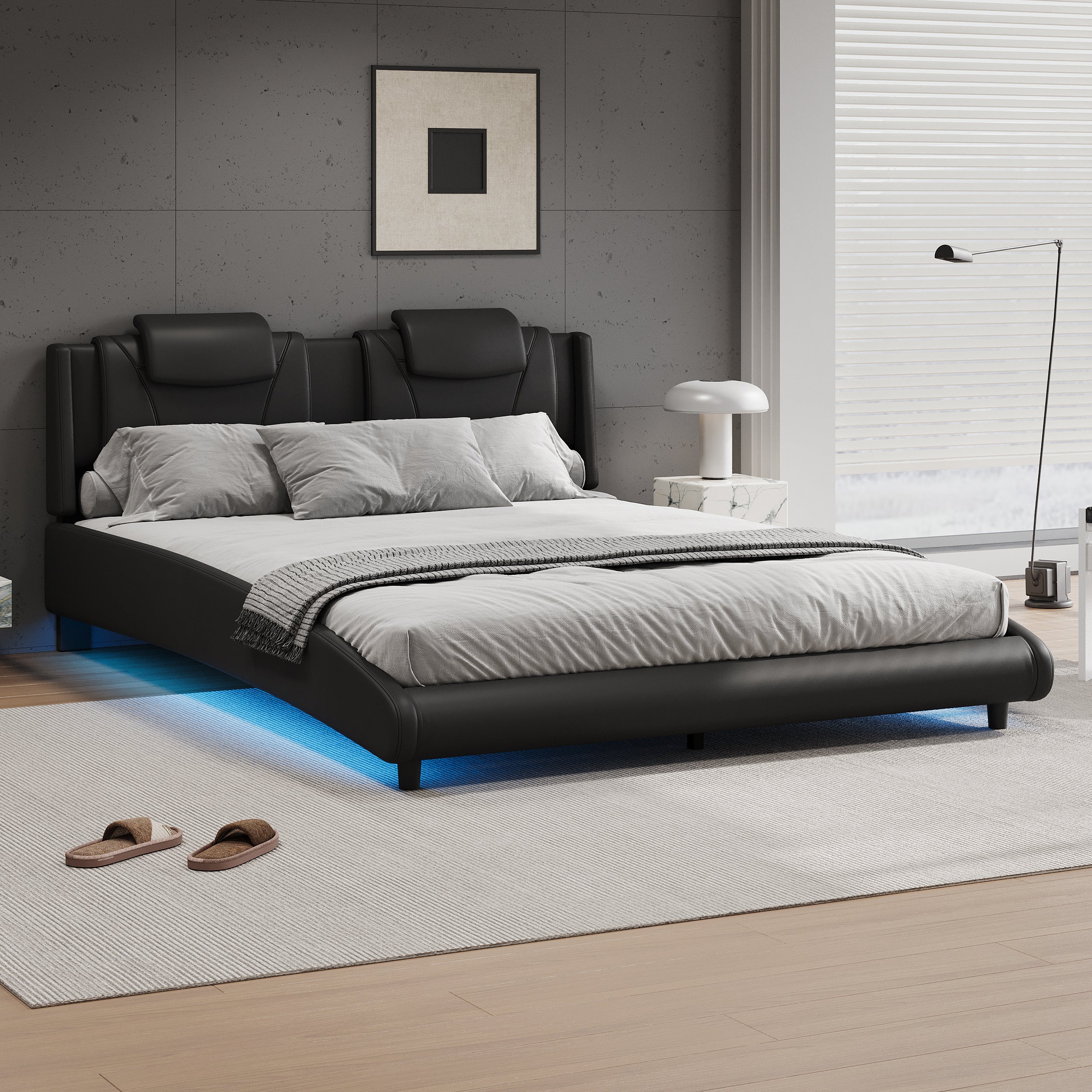 Modern Style Faux Leather Upholstered Platform Bed Frame with LED Light and Adjustable Headboard, No Box Spring Needed, King Size, Black
