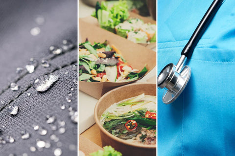 Coating with Waterdroplets, Food in Paper Bowl and Medical Scrubs