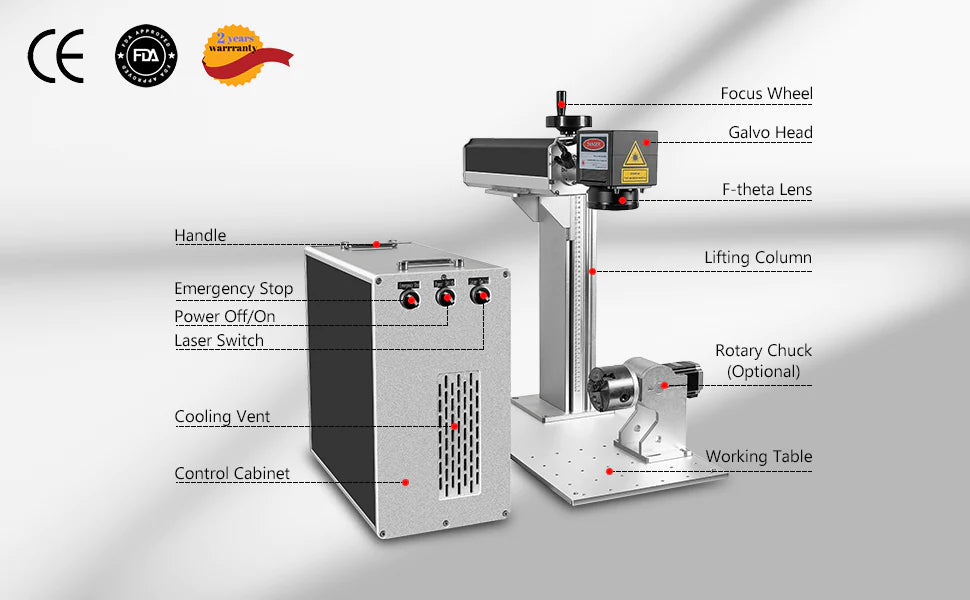 30watt Fiber Laser Engraving Machine 175x175mm Lens 125mm Rotary