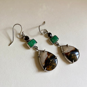 Scenic Jasper, Variscite & Quartz Sterling Silver Earrings w/ Removable Leather Feathers