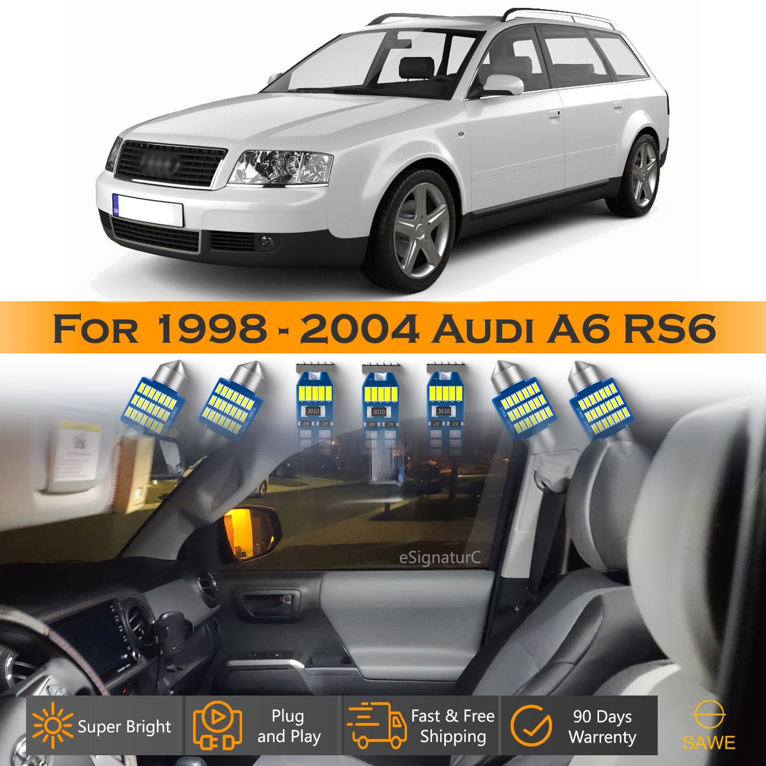 For Audi A6 RS6 Interior LED Lights - Dome & Map Light Bulb Package Kit for 1998 - 2004 - White