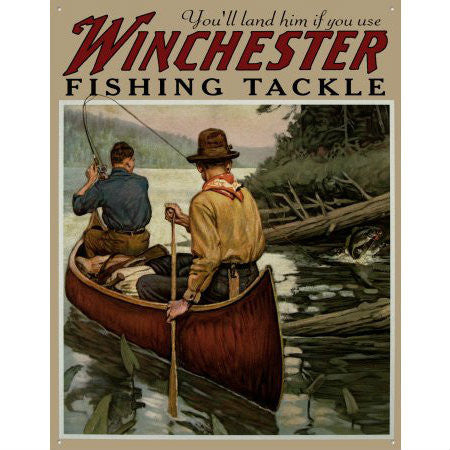  Winchester Fishing Tackle Tin Metal Sign Canoe Art