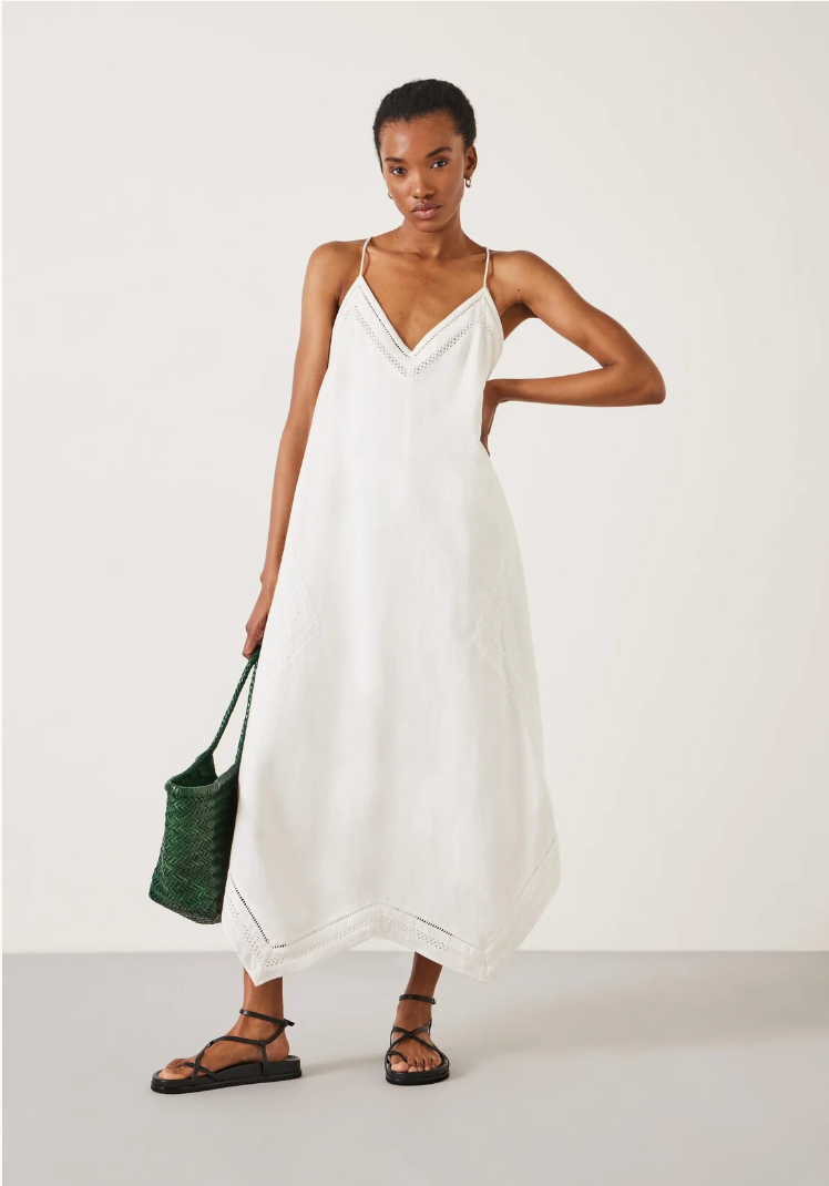 Massimo Dutti Linen Blend Midi Dress with Embroidery Detail
