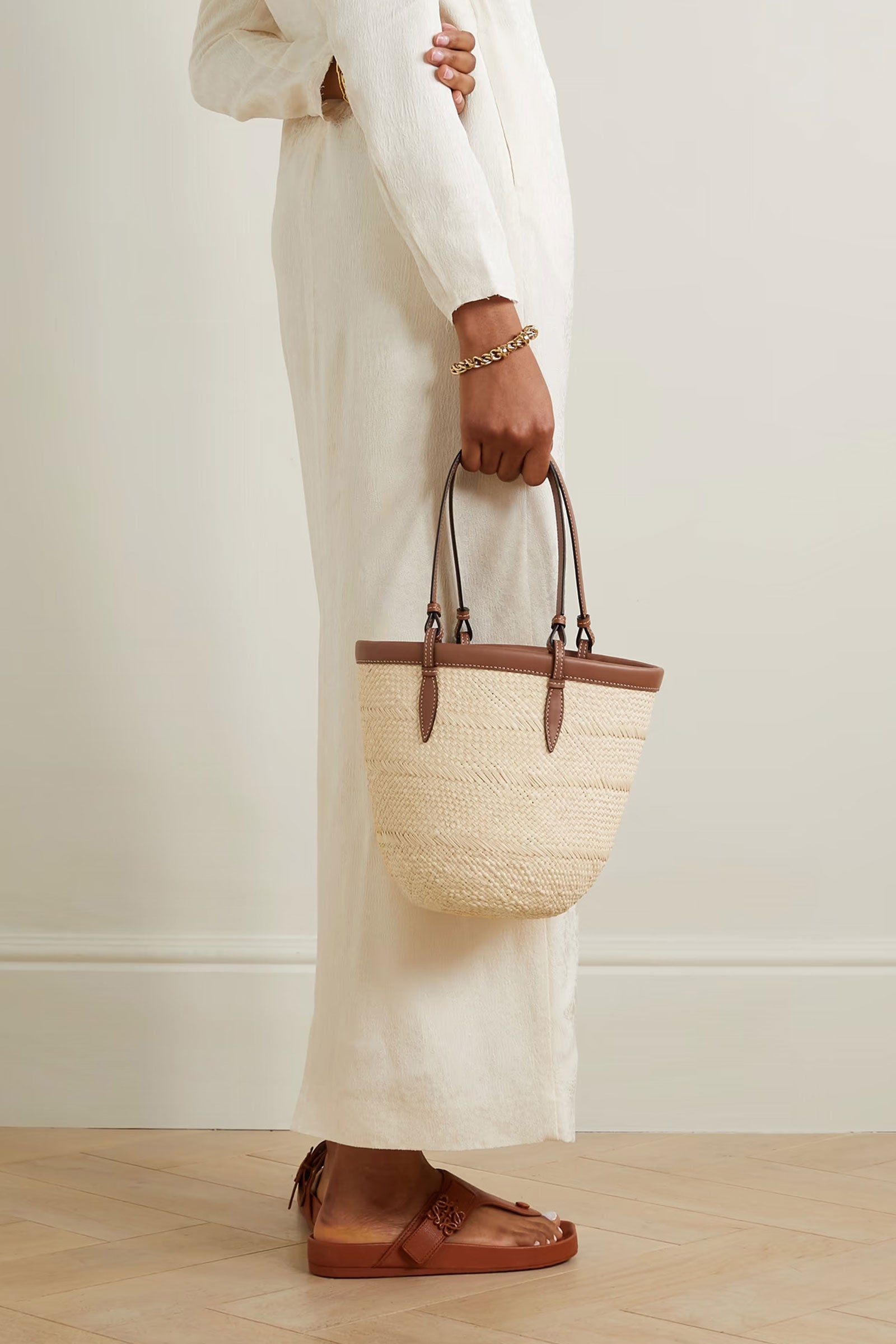 Iraca large leather-trimmed woven raffia tote