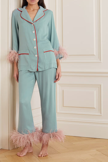 Sleeper Light Blue Party Feather-trimmed Twill Pajama Set