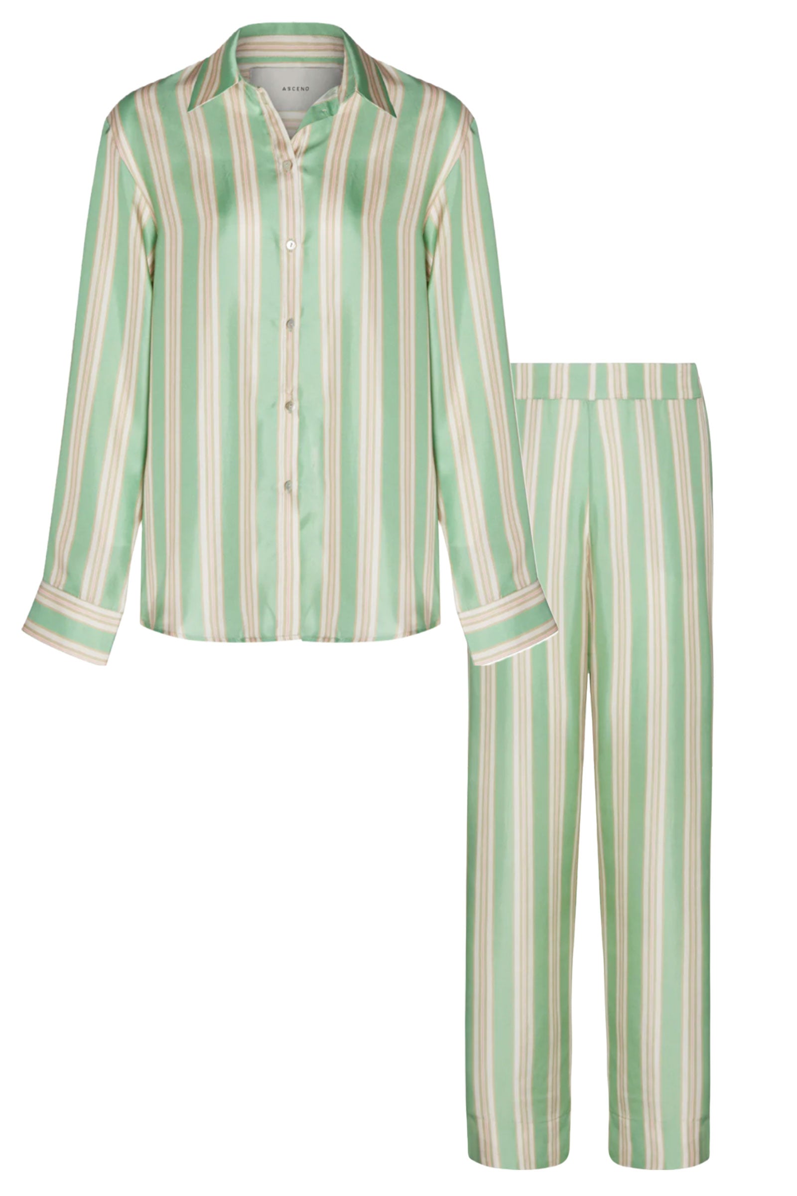 Asceno London Mint Stripe Printed Silk Twill Pyjama Top and