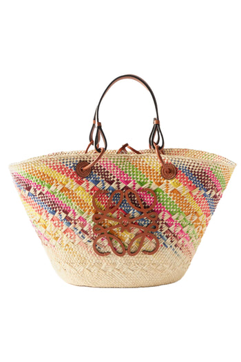 + Paula's Ibiza Anagram medium leather-trimmed woven raffia tote