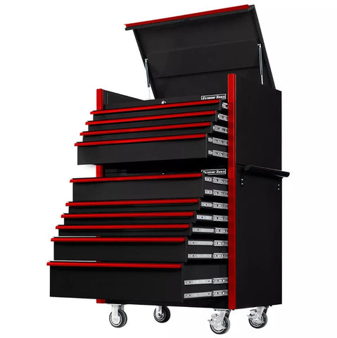 Black And Red Extreme Tools Rolling Tool Cabinet With Multiple Open Drawers And An Open Top Lid With Caster Wheels