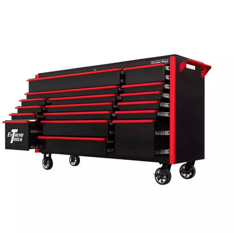 Black Extreme Tools DX 72 Roller Cabinet With Multiple Red Trimmed Drawers