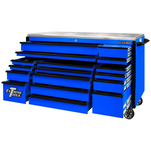 Blue Extreme Tools Portable Rolling Tool Box With Multiple Black Accented Drawers All Partially Open And A Stainless Steel Top