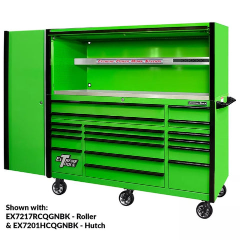 Extreme Tools EXQ Series Workstation With Multiple Drawers And A Hutch, Featuring The Model Numbers EX7217RCQGNBK  And EX7201HCQGNBK