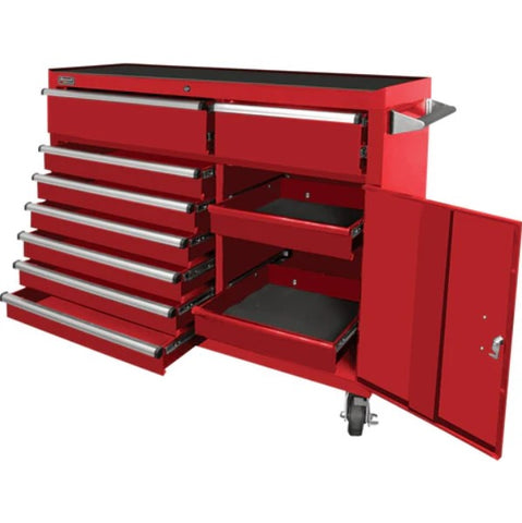 Red Homak 56 Roller Cabinet 8-Drawer And A Side Cabinet Some Of Which Are Open And It Is Mounted On Wheels