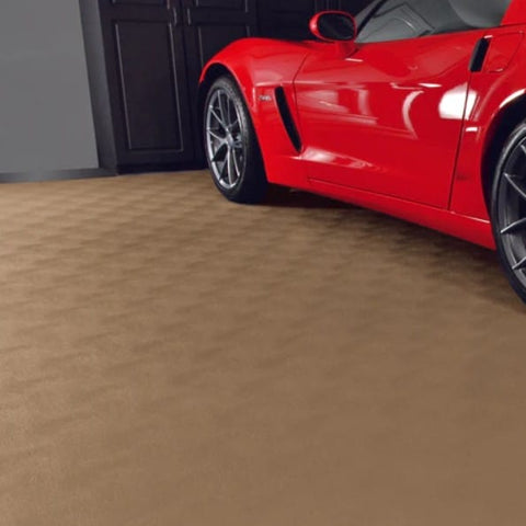 Red Sports Car Parked In A Garage With A Beige Textured Levant Flooring