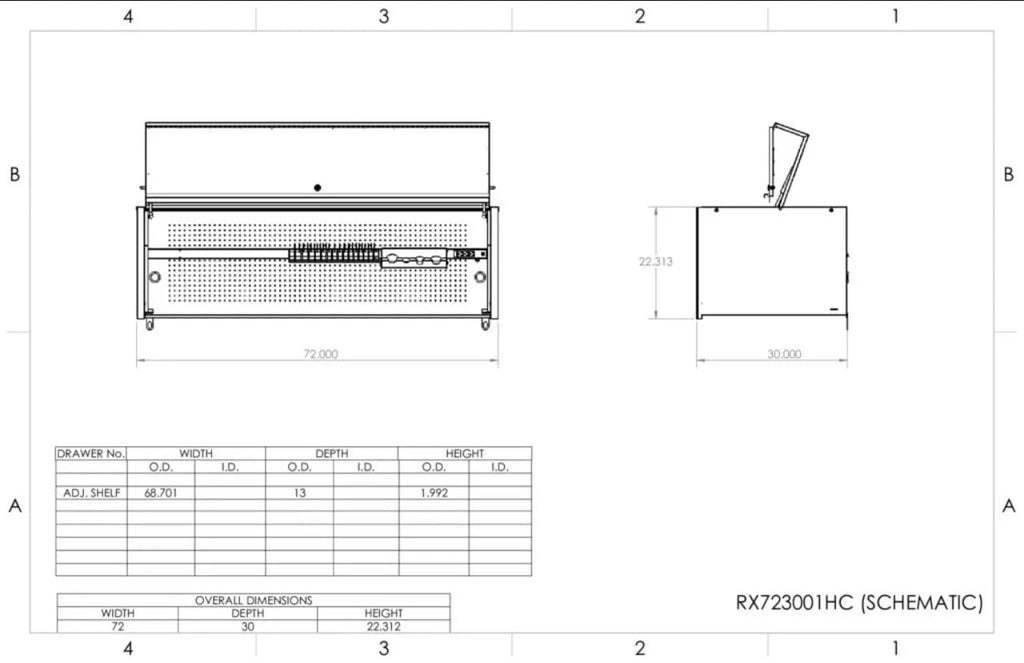 Schematic Diagram Of Extreme Tools 72 Hutch Detailing Its Front And Side Views With Specific Measurements Along With Dimensions