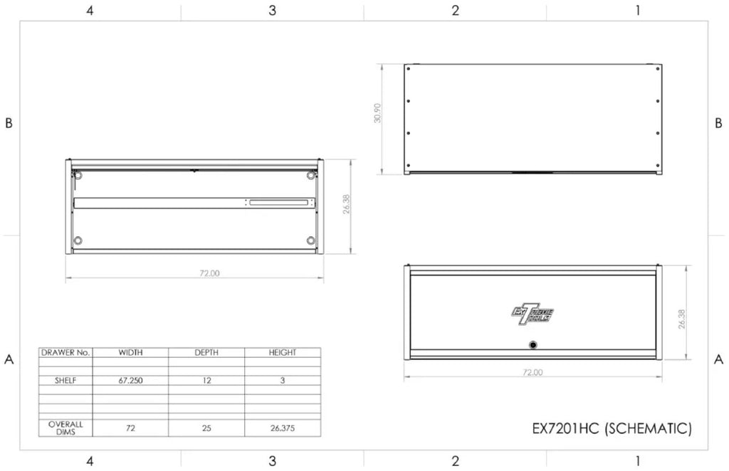 Schematic Diagram Of Extreme Tools 72 With Three Views Including Detailed Dimensions And Specifications For The Shelf And Overall Dimensions