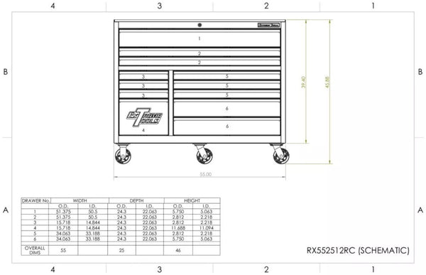 Schematic Drawing Of The Extreme Tools RX552512RC Tool Chest Detailing Its Dimensions And The Measurements Of Each Drawer