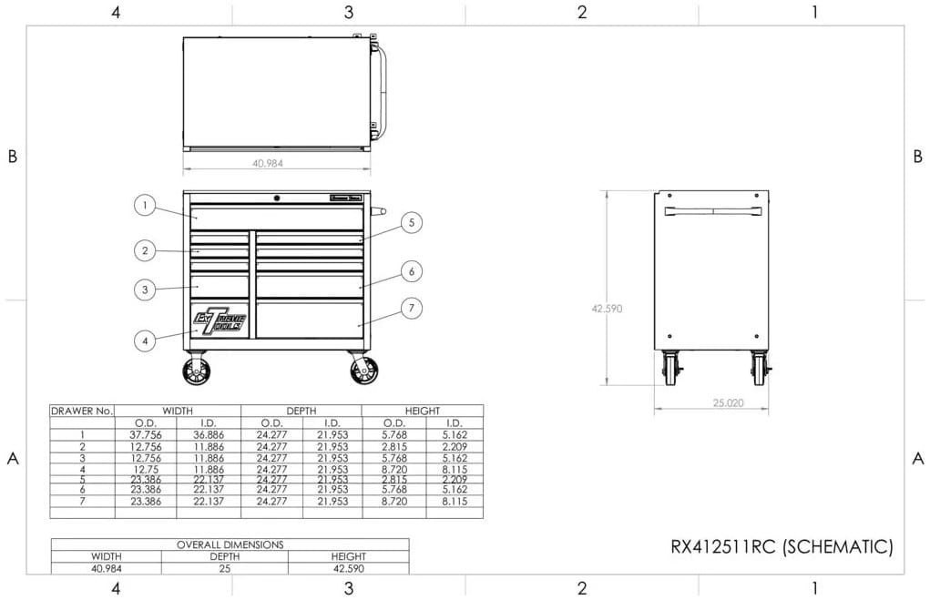 Technical Schematic Of Extreme Tools RX412511RC Detailing Its Dimensions And The Measurements Of Each Drawer, Along With A Side And Front View Of The Tool Chest