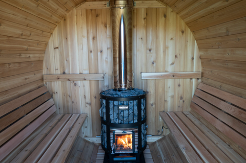 Harvia Legend wood burning sauna stove inside sauna