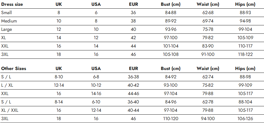 Corsetti Lingerie Size Charts