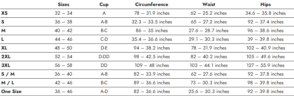 NO:XQSE Lingerie Size Chart