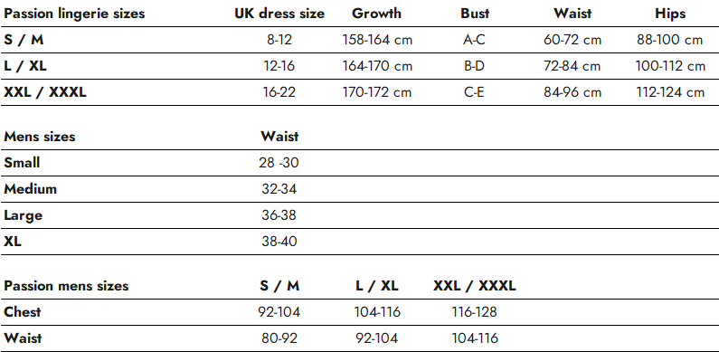 Passion Lingerie Size Charts