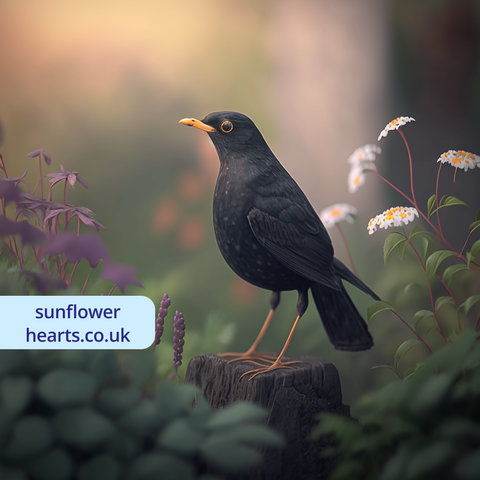 blackbird scurrying among flowers in the garden, looking for food in the grass