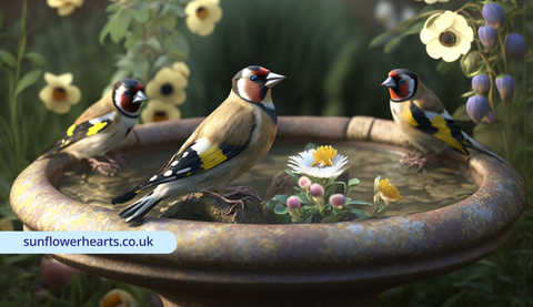 goldfinches sat on a bird bath