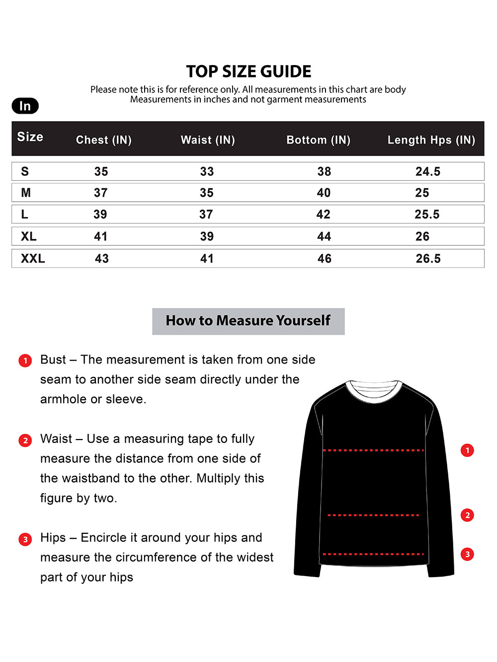 Tops & T-Shirts Size Chart - Lovable India