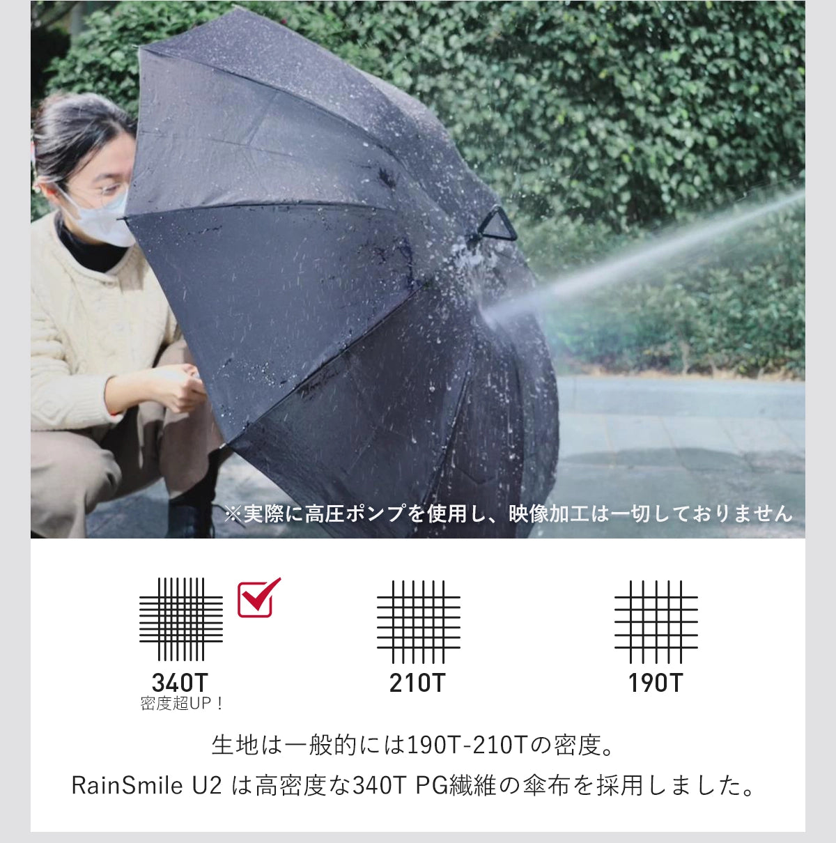 ※実際に高圧ポンプを使用し、映像加工は一切しておりません,生地は一般的には190Tー210Tの密度。
RainSmile U2は高密度な340T　PG繊維の傘布を採用しました。