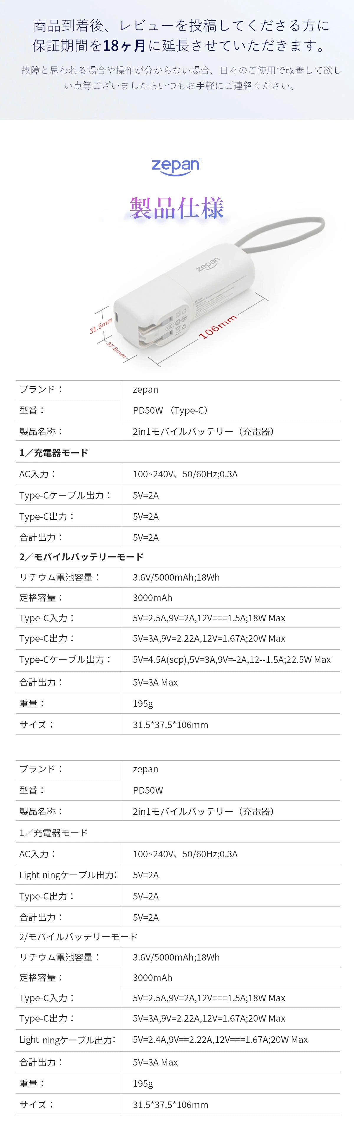 2in1モバイルバッテリー かわいい zepan PD50W：見た目もかわいい！プレゼントに最適